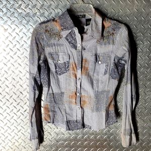 💥Western Patchwork Shirt Long Sleeve Roses sz M Pearl Buttons